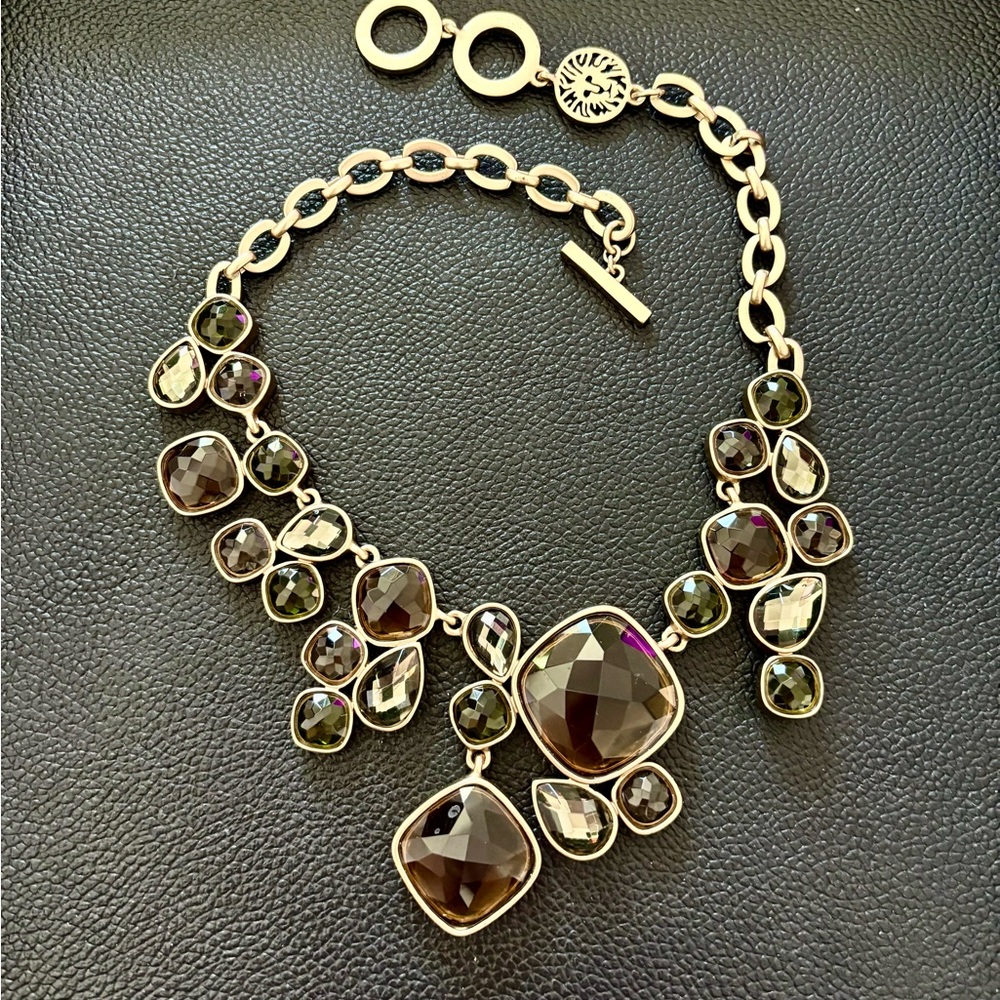 Anne Klein signed gold tone with greens and amber jewels statement Necklace